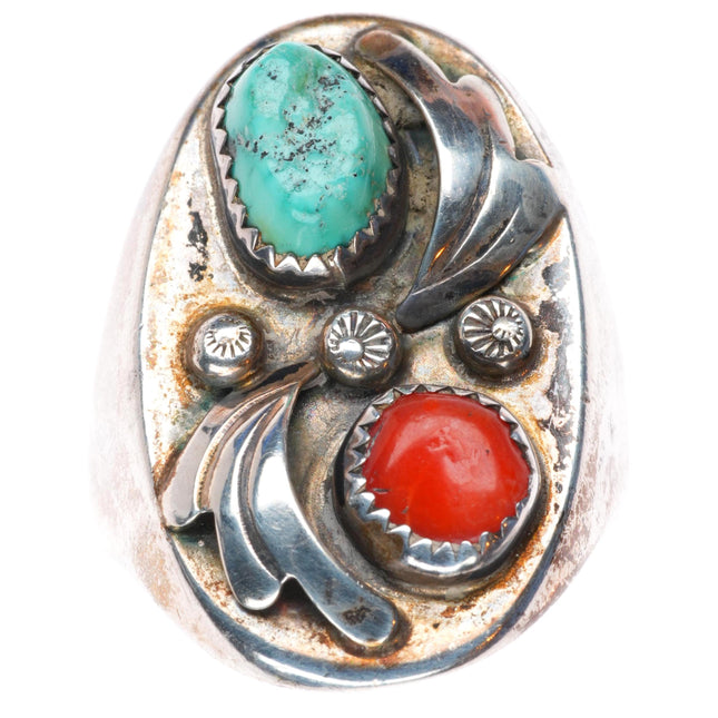 sz12.5 vintage Navajo sterling silver turquoise and coral size 12.5 men's ring