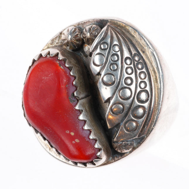 sz9 Nieto Zuni sterling silver large vintage coral ring with stamped leaf