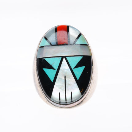 sz11 Vintage Zuni sterling silver large intarsia inlay size 11 men's ring