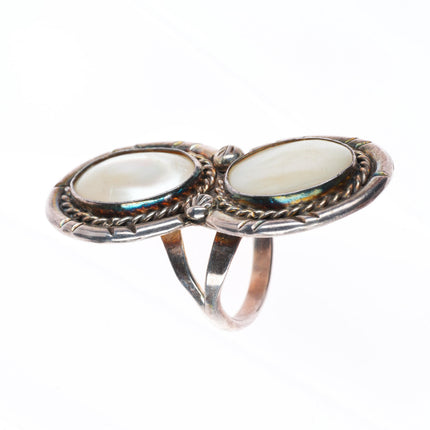 sz9 vintage Navajo sterling silver mother of pearl long 2 stone size 9 ring