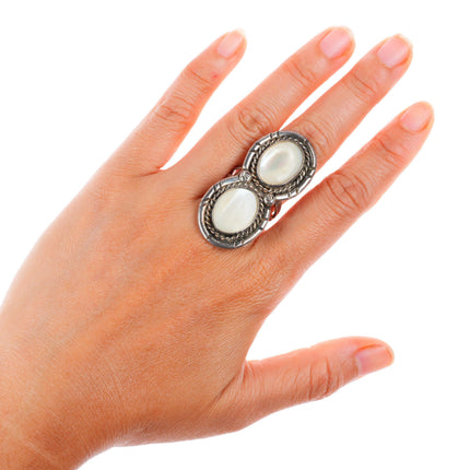 sz9 vintage Navajo sterling silver mother of pearl long 2 stone size 9 ring