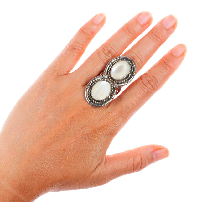 sz9 vintage Navajo sterling silver mother of pearl long 2 stone size 9 ring