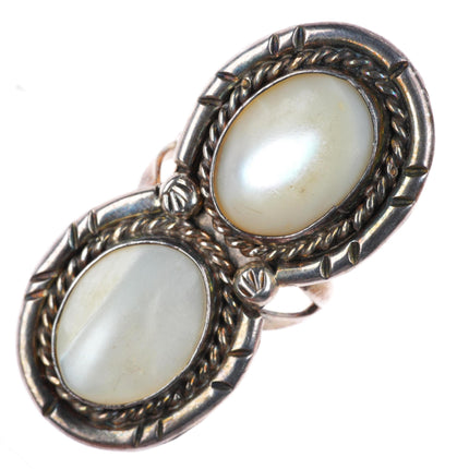 sz9 vintage Navajo sterling silver mother of pearl long 2 stone size 9 ring