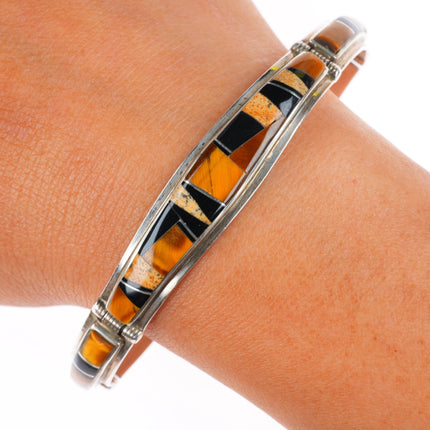 7" Jay Boyd Navajo sterling silver Tigers Eye-petrified wood-onyx link bracelet