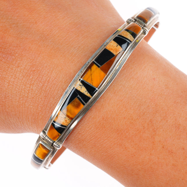 7" Jay Boyd Navajo sterling silver Tigers Eye-petrified wood-onyx link bracelet