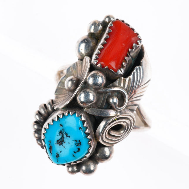 sz7 vintage Navajo sterling silver turquoise and branch coral ring