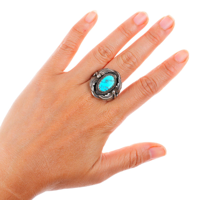 sz13 vintage B Navajo sterling silver turquoise feather top men's size 13 ring