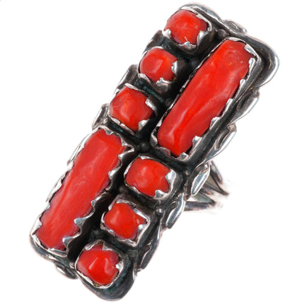 sz7 Alvina Quam Zuni sterling silver carved coral long size 7 ring