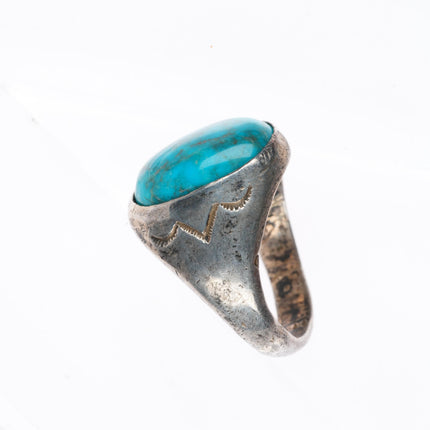 sz10 vintage Navajo sterling silver stamped ring with nice turquoise
