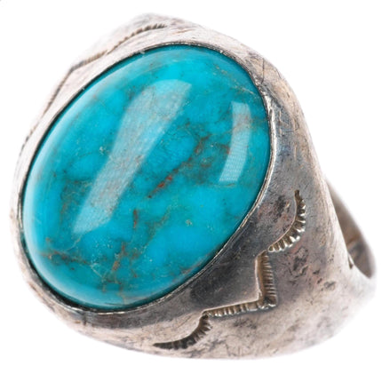 sz10 vintage Navajo sterling silver stamped ring with nice turquoise