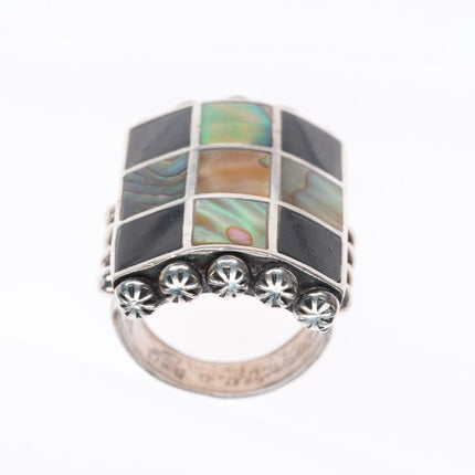sz10 big vintage Navajo sterling silver, mother of pearl, jet channel inlay ring