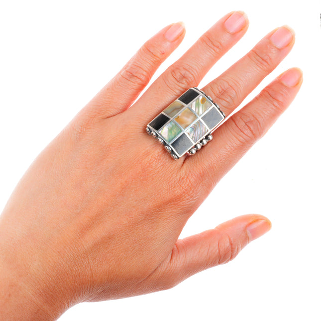 sz10 big vintage Navajo sterling silver, mother of pearl, jet channel inlay ring