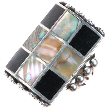 sz10 big vintage Navajo sterling silver, mother of pearl, jet channel inlay ring