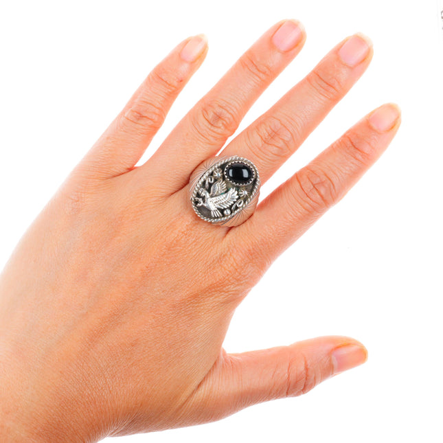 sz12 RB Navajo vintage sterling silver onyx eagle size 12 ring