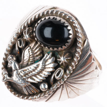 sz12 RB Navajo vintage sterling silver onyx eagle size 12 ring