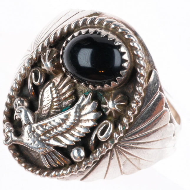 sz12 RB Navajo vintage sterling silver onyx eagle size 12 ring