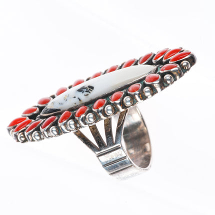 sz8 Ernest Roy Begay Navajo sterling silver coral/white buffalo satellite ring