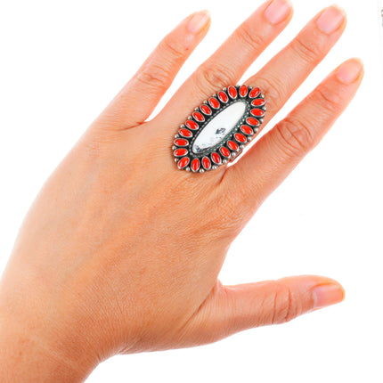 sz8 Ernest Roy Begay Navajo sterling silver coral/white buffalo satellite ring