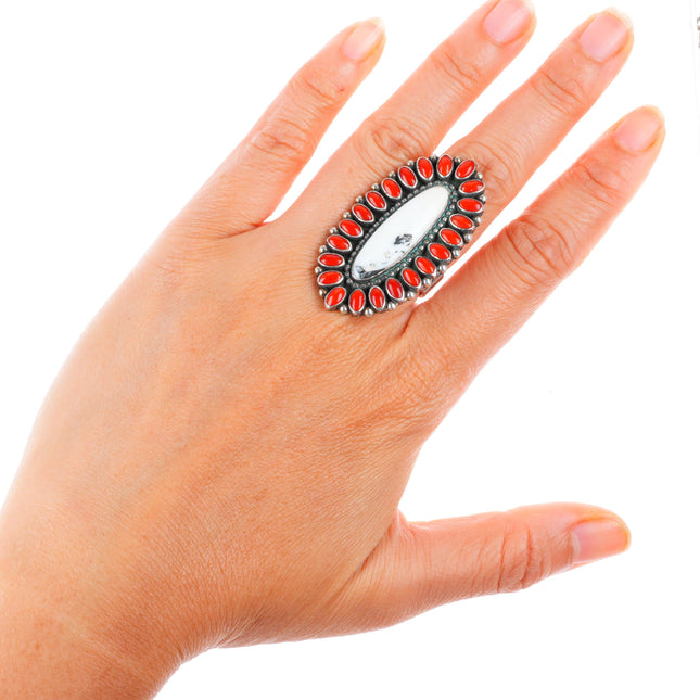 sz8 Ernest Roy Begay Navajo sterling silver coral/white buffalo satellite ring