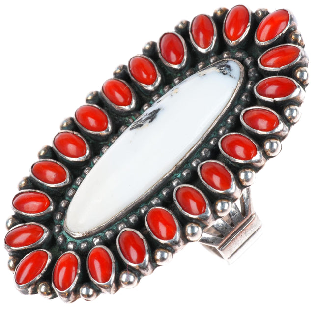 sz8 Ernest Roy Begay Navajo sterling silver coral/white buffalo satellite ring