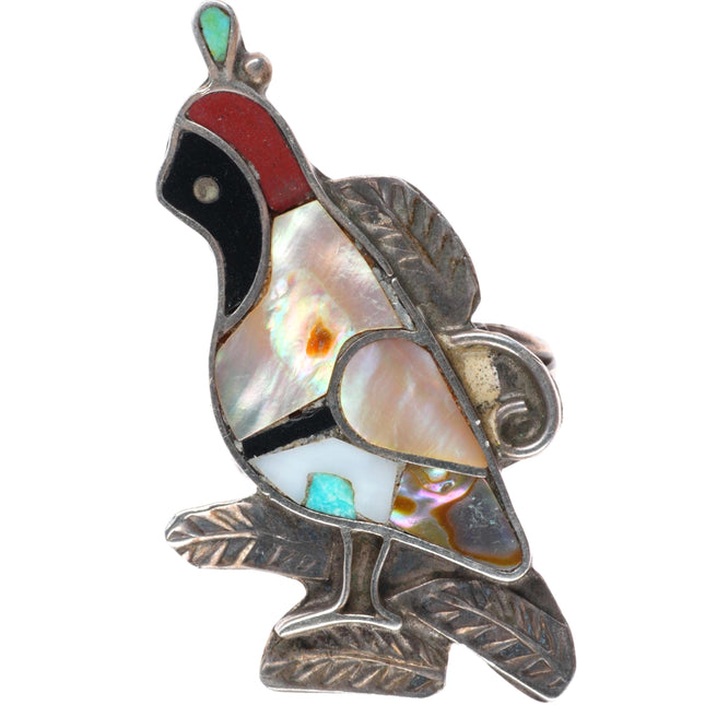sz6.5 vintage Zuni sterling silver shell/coral inlay Gambel Quail ring