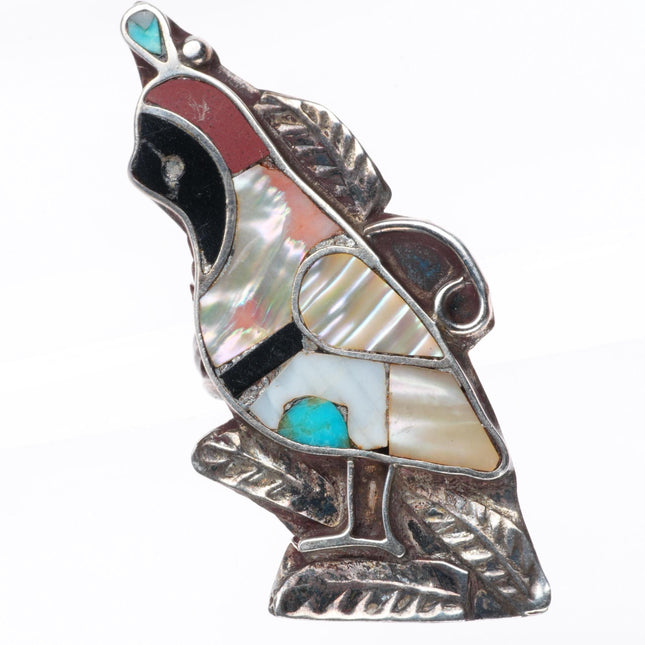 sz5 vintage Zuni sterling silver shell/coral inlay Gambel Quail ring