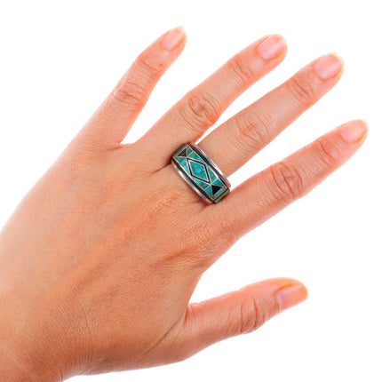 sz12 Juan Willie Navajo Valentin A gem turquoise inlay sterling silver ring