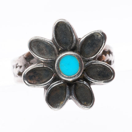 sz7.5 vintage Navajo sterling silver flower form turquoise ring twist shank