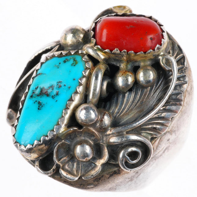 sz10 Vintage Navajo sterling silver turquoise and coral size 10 men's ring
