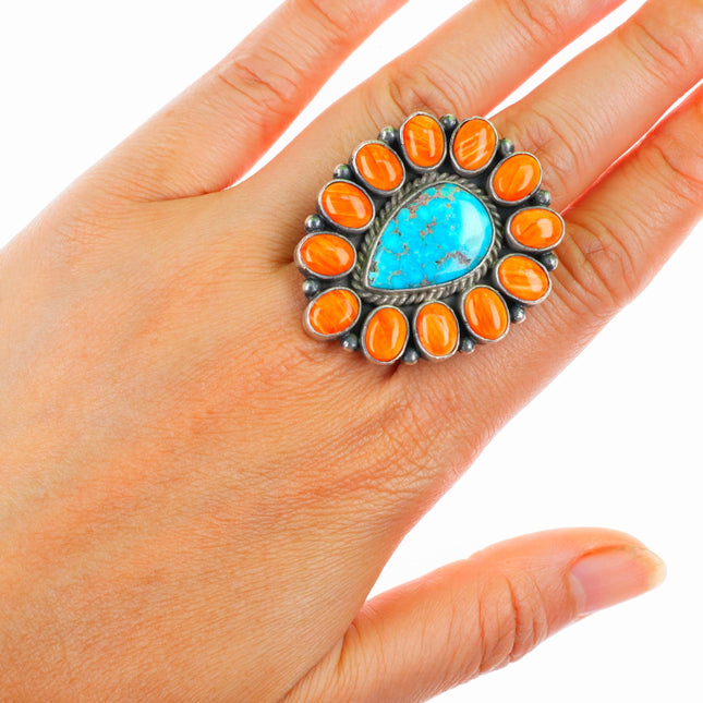 sz9.5 Big M&R Calladitto Navajo sterling silver turquoise-spiny oyster ring