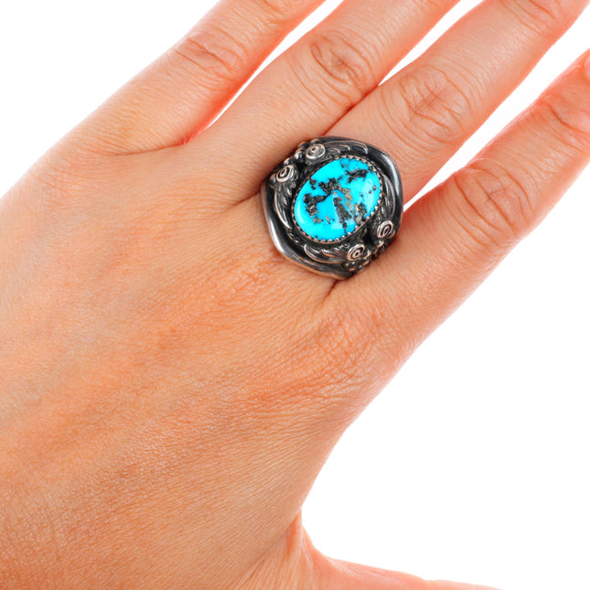 sz12 vintage Navajo sterling silver turquoise feather decorated size 12 ring