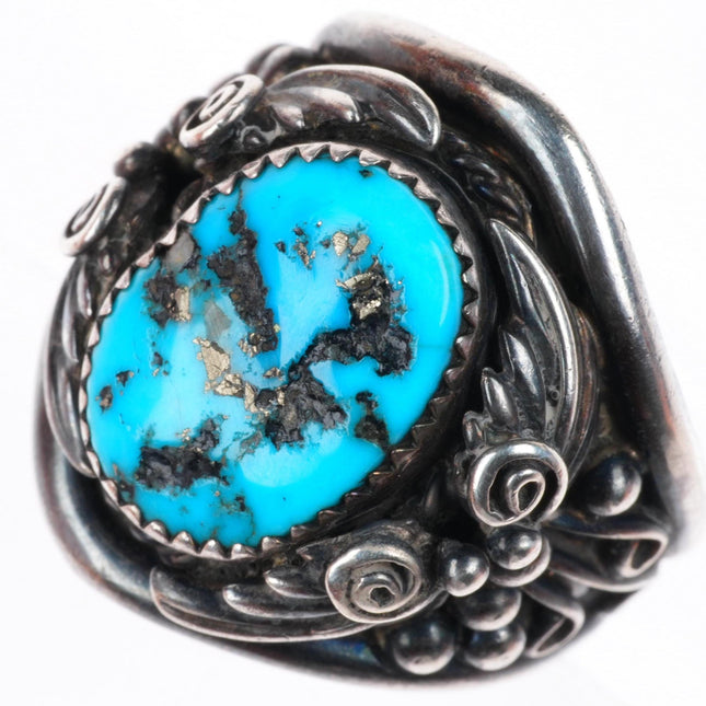 sz12 vintage Navajo sterling silver turquoise feather decorated size 12 ring