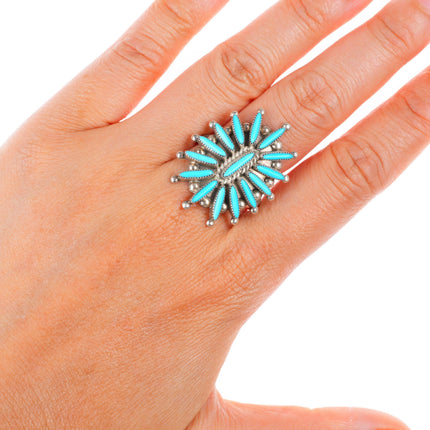sz10.75 big Zuni sterling silver vintage needlepoint turquoise cluster ring