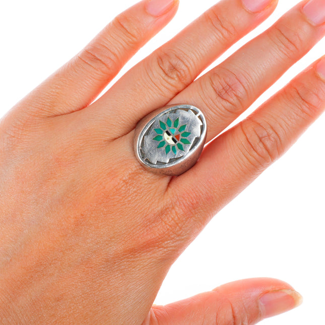 sz11 vintage Zuni sterling silver turquoise sunface inlay size 11 ring