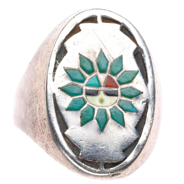 sz11 vintage Zuni sterling silver turquoise sunface inlay size 11 ring