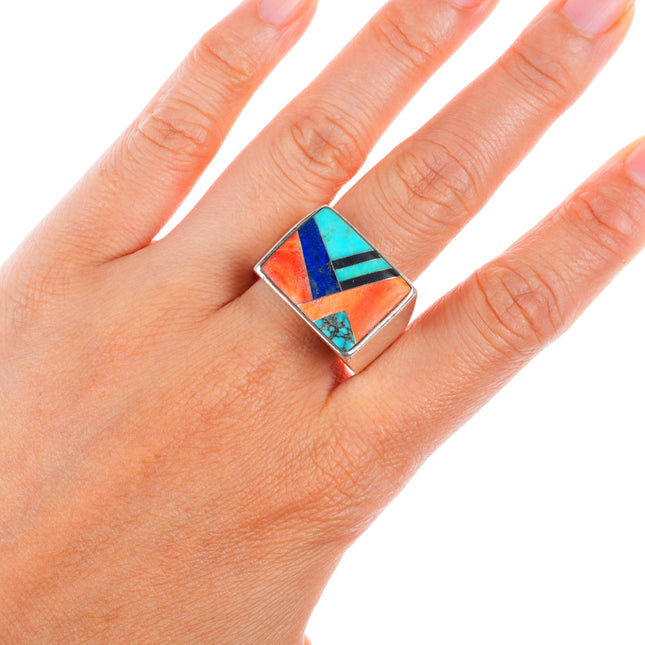 sz11.75 CK Navajo sterling silver turquoise, spiny oyster, lapis inlay ring