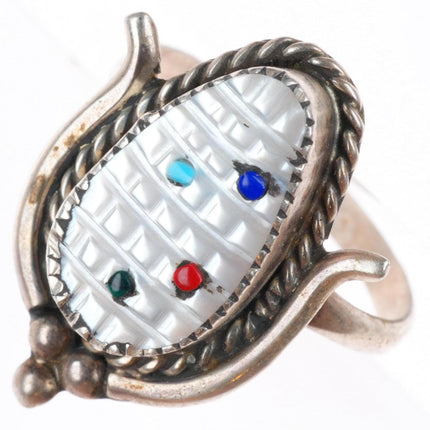 sz9 Bev Etsate Zuni sterling silver carved mother of pearl corn inlay ring