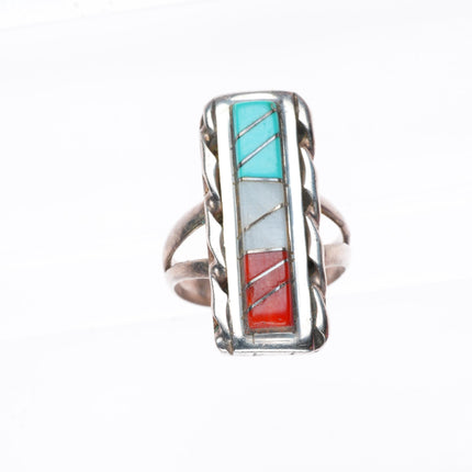 sz8 WJ Panteah Zuni sterling silver patriotic turquoise, coral, shell ring