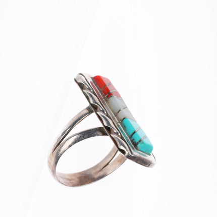 sz8 WJ Panteah Zuni sterling silver patriotic turquoise, coral, shell ring