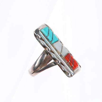 sz8 WJ Panteah Zuni sterling silver patriotic turquoise, coral, shell ring
