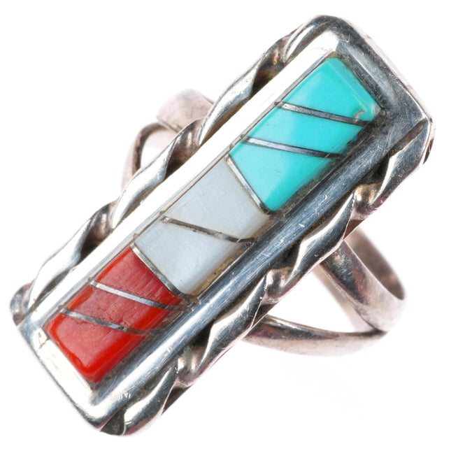 sz8 WJ Panteah Zuni sterling silver patriotic turquoise, coral, shell ring