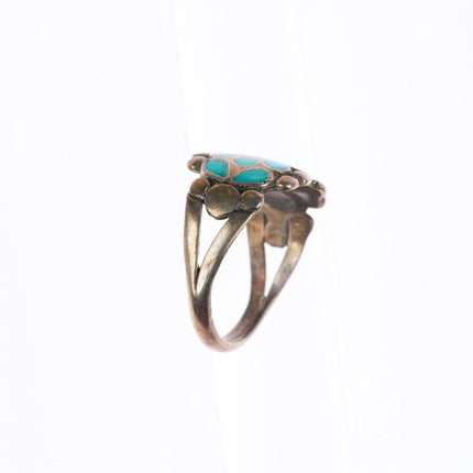sz7 c1950's vintage Zuni sterling silver blue gem turquoise inlay flower ring