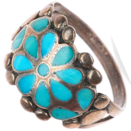 sz7 c1950's vintage Zuni sterling silver blue gem turquoise inlay flower ring