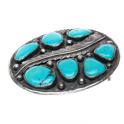 2" 6 stone turquoise sterling silver big feather vintage Navajo belt buckle
