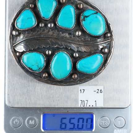 2" 6 stone turquoise sterling silver big feather vintage Navajo belt buckle