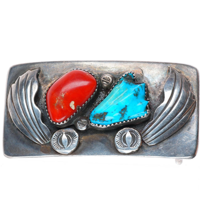 1" Vintage Zuni sterling silver carved turquoise and coral belt buckle