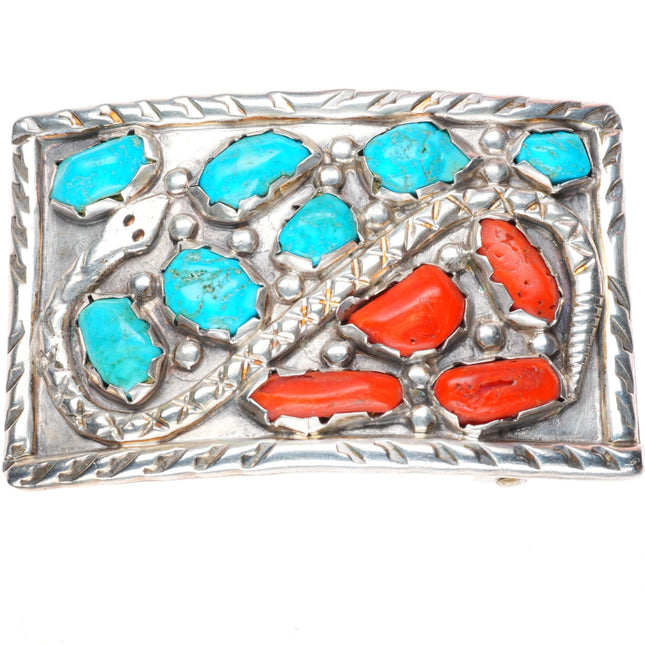 1.5" vintage Angie Cheama Zuni sterling silver snake belt buckle turquoise/coral