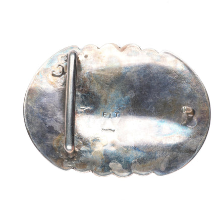 1.5" vintage Navajo sterling silver rayed concho style belt buckle w/ turquoise