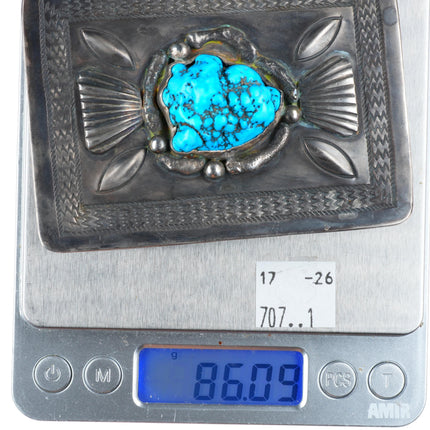 1.75" Vintage Navajo Sterling silver stamped turquoise nugget belt buckle JVT