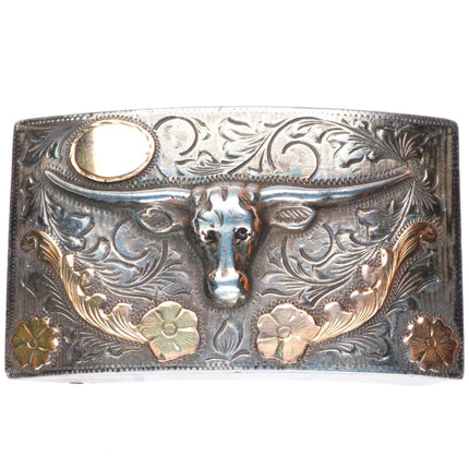 1.5" Vintage 18k gold/Sterling silver bull head engraved Mexican belt buckle